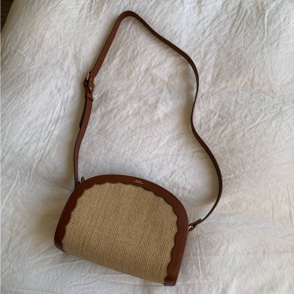 A.P.C. Demi Lune Jute Raffia Leather Crossbody Purse Bag Noisette Brown Tan - Picture 7 of 14